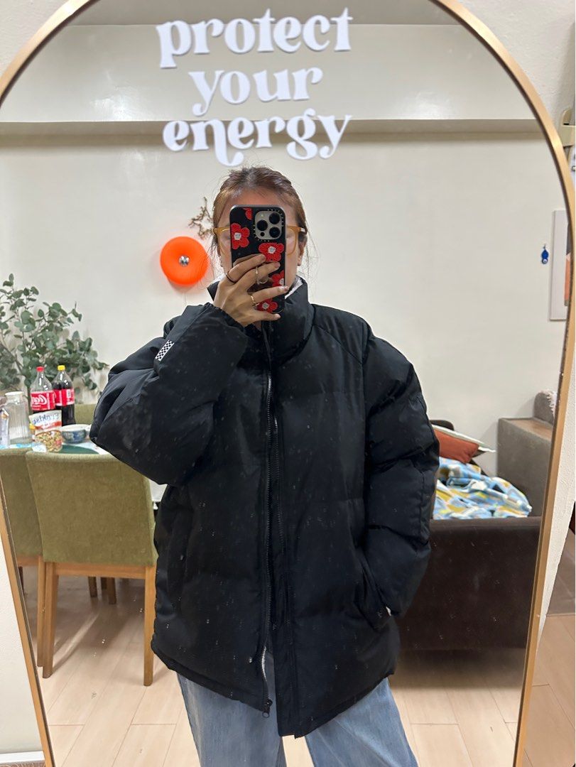 Brand New Reversible Puffer Jacket (Category: Coats, Jackets and Outerwear) located in Manila. Submitted by archivemanila (Listing ID 1413020425, Image 3). Description: UNISEX! Regular size Medium or Asian XL *For reference, I'm a regular womens medium. My bf also tried this on and it fits him perfectly. He wears L-XL. - Reversible design: Black bubble or white fleece side. - Features a high collar and zip-up front. - One side: Black. - Other sid