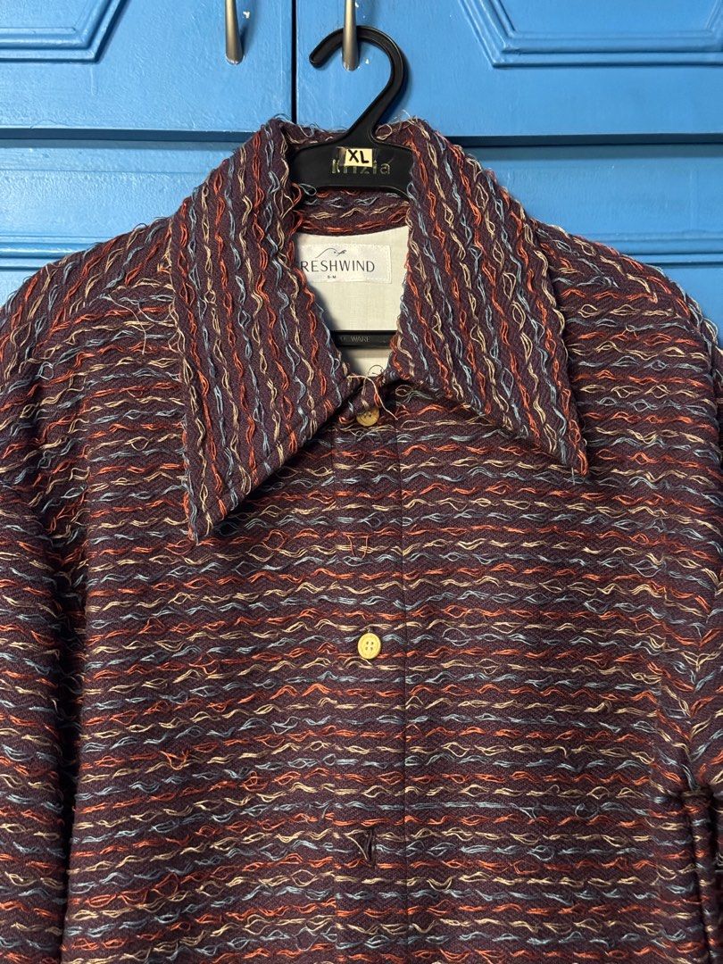 Freshwind Textured Boxy Jacket / Overshirt (Category: Coats, Jackets and Outerwear) located in Quezon City. Submitted by __danmoi (Listing ID 1412925985, Image 2). Description: - Brand: Freshwind (Filipino local brand) - Features: Dark Purple, textured with light blue & orange contrast stitching, button enclosure - Worn twice only - Dimensions: 28" L x 23" W.