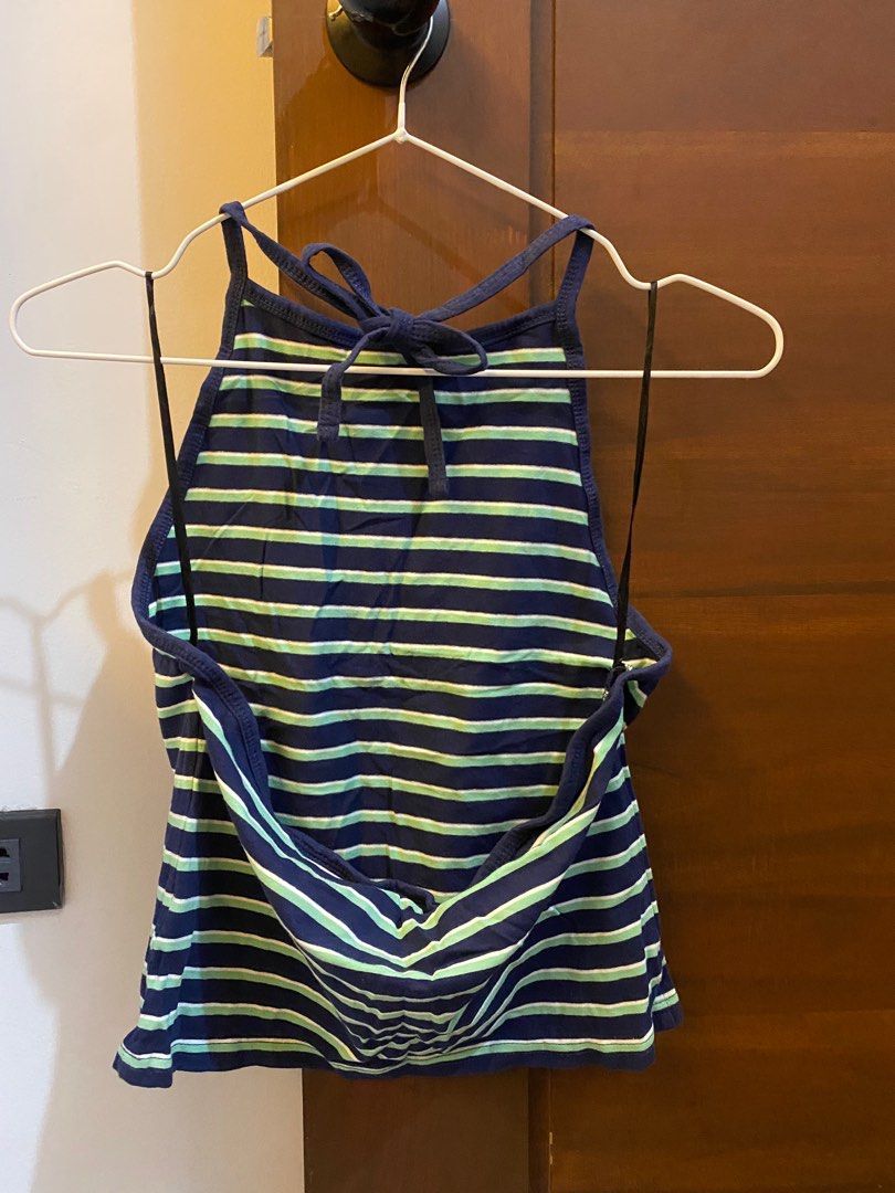 H&M Striped Halter Tank Top (Category: Sleeveless) located in Manila. Submitted by yotesdg (Listing ID 1412991580, Image 2). Description: - Navy blue and light green striped halter tank top - Tie-back design - Halter neckline.