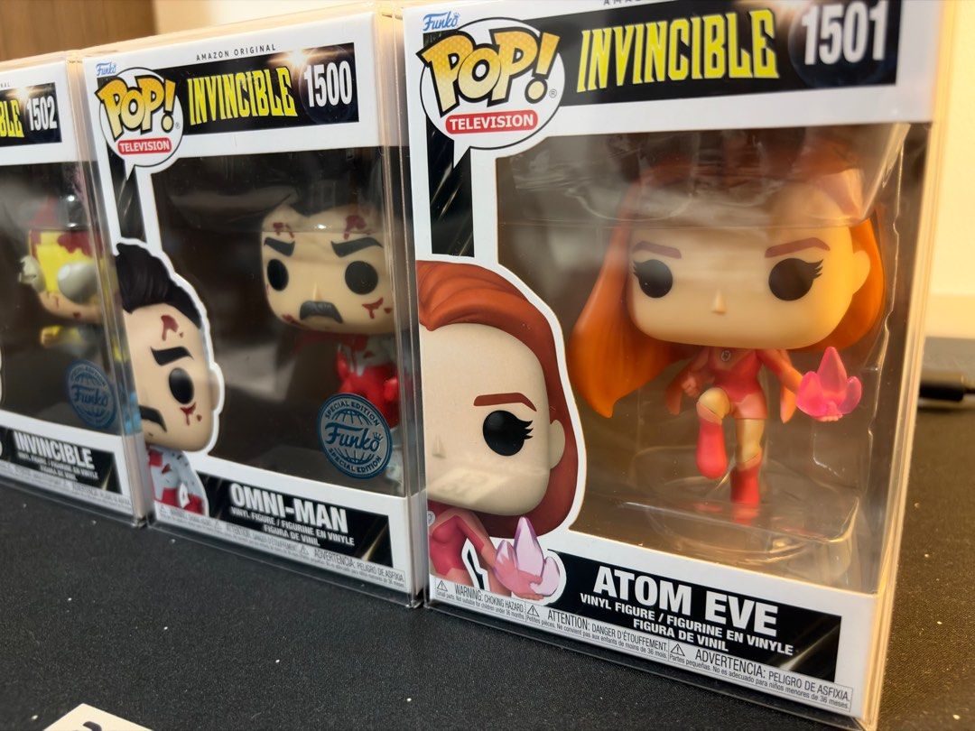 Invincible Funko Pop (Category: Designer & Blind Box Toys) located in Las Pinas. Submitted by kobester824 (Listing ID 1412980652, Image 2). Description: Original Invincible Funko Pop #1501 Atom Eve - 1,000 Php (SOLD) #1500 Omi-Man (Bloody) - 2,100 Php #1502 Invincible (Bloody) -2,100 Php (SOLD) #1098 Invincible (Blue Variant) Funko Fusion - 3,000 php Discounted bundle (4 pcs) - 8,000 Php.