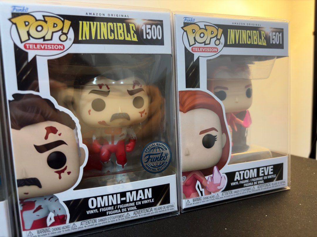 Invincible Funko Pop (Category: Designer & Blind Box Toys) located in Las Pinas. Submitted by kobester824 (Listing ID 1412980652, Image 3). Description: Original Invincible Funko Pop #1501 Atom Eve - 1,000 Php (SOLD) #1500 Omi-Man (Bloody) - 2,100 Php #1502 Invincible (Bloody) -2,100 Php (SOLD) #1098 Invincible (Blue Variant) Funko Fusion - 3,000 php Discounted bundle (4 pcs) - 8,000 Php.