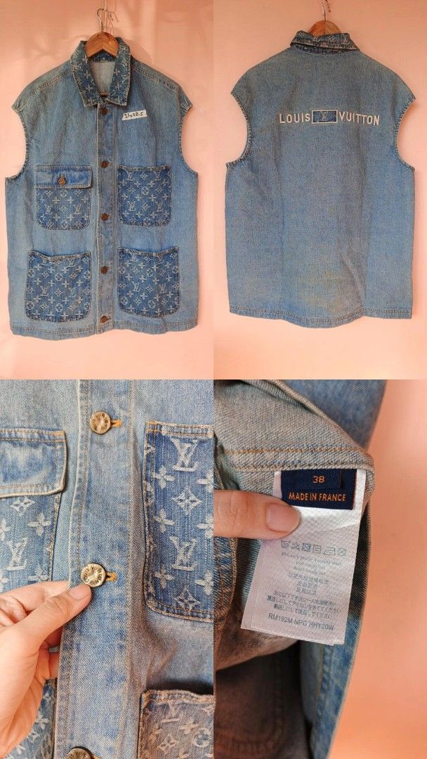 Louis Vuitton Denim Vest (Category: Vests) located in Manila. Submitted by daduajoyce72974 (Listing ID 1412890213, Image 1). Description: - Louis Vuitton denim vest - Size 38 - Made in France - Iconic LV monogram on pockets and back - Button-up closure and collar - Embroidered Louis Vuitton logo on the back.