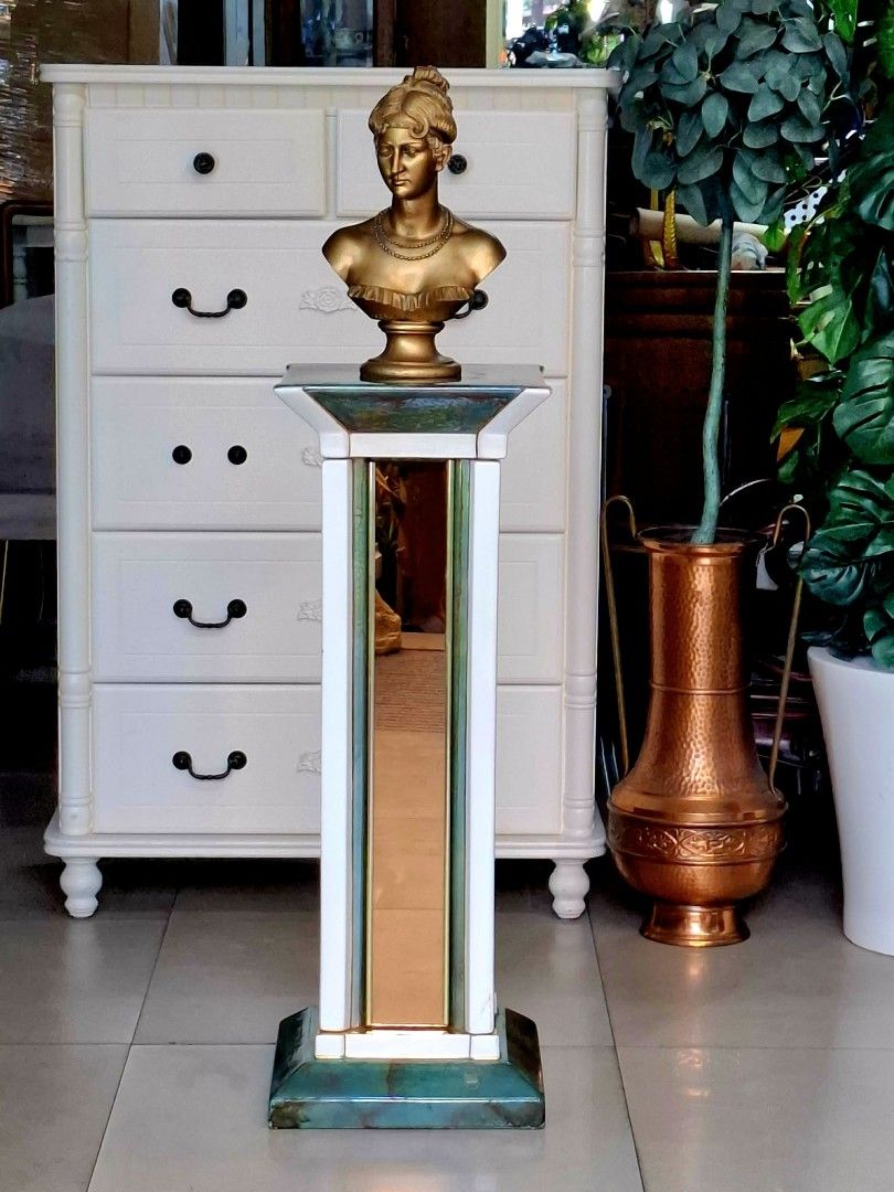Mirrored Ceramic Pedestal - Made in Italy (Category: Other Home Furniture) located in Malabon City. Submitted by justineevglst (Listing ID 1413010116, Image 1). Description: Nove Italy Tolio '80 Mirrored Ceramic Pedestal with Alternating Colored Vitrolite Stripe. Height - 33.50, inches Top - 12 x 12, inches Base - 13 x 13, inches. Made in Italy 🇮🇹 Pre-loved. From Japan..