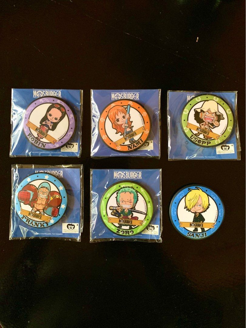 One Piece x MOS Burger Pins (Category: Designer & Blind Box Toys) located in Pasig City. Submitted by beans123_ (Listing ID 1412963890, Image 1). Description: - MOS Burger One Piece Pin Set 🔥 - Characters: Robin, Nami, Usopp, Franky, Zoro, and Sanji .