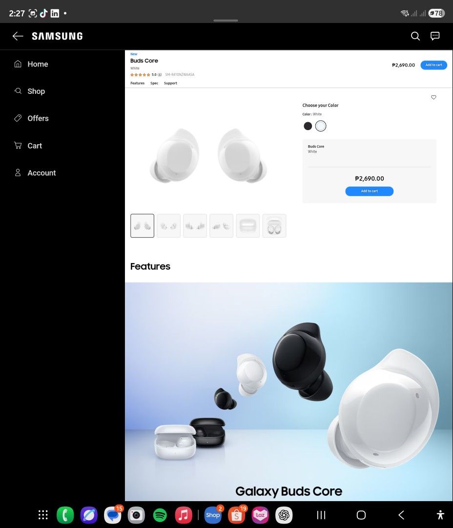 Samsung Galaxy Buds Core - White (Category: Earphones) located in Taguig. Submitted by shadyaftermath (Listing ID 1412882292, Image 3). Description: For Sale: Original Samsung Galaxy Buds Core (2025). Sealed. Brand new. *6.5mm driver with bass-optimized tuning for powerful bass performance *IP54 comprehensive Defense against Dust and Water *3Mics(2 Outer + 1 Inner Mic), Bluetooth 5.4 and Immersive ACTIVE NOISE CANCELATTION (Bought from Official S