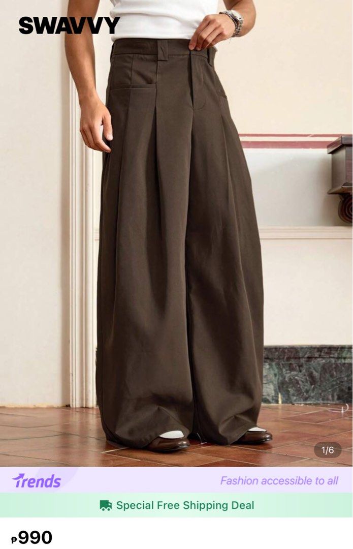 SWAVVY Wide Leg Trousers (Category: Trousers) located in Manila. Submitted by rgnkyle (Listing ID 1412895582, Image 1). Description: SWAVVY wide-leg trousers Pleated front design Size: Small (See size chart for dimensions) RFS: Wrong size Bought for Php 990.
