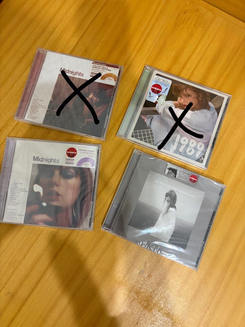 Taylor swift CDs from target, amazon - 1989 Midnights TTPD (Category: CDs & DVDs) located in Paranaque City. Submitted by ic-trinksthings (Listing ID 1412625765, Image 1). Description: Selling my extra copies of Taylor Swift CDs Brand new and sealed 700 each *IGNORE THE CROSS MARK. ALL ARE STILL AVAILABLE details: 1. Midnights Blood moon ver. - amazon bought, has small crack at the back 2.Midnights Lavender ver. - target bought (Flaw: has tiny cr