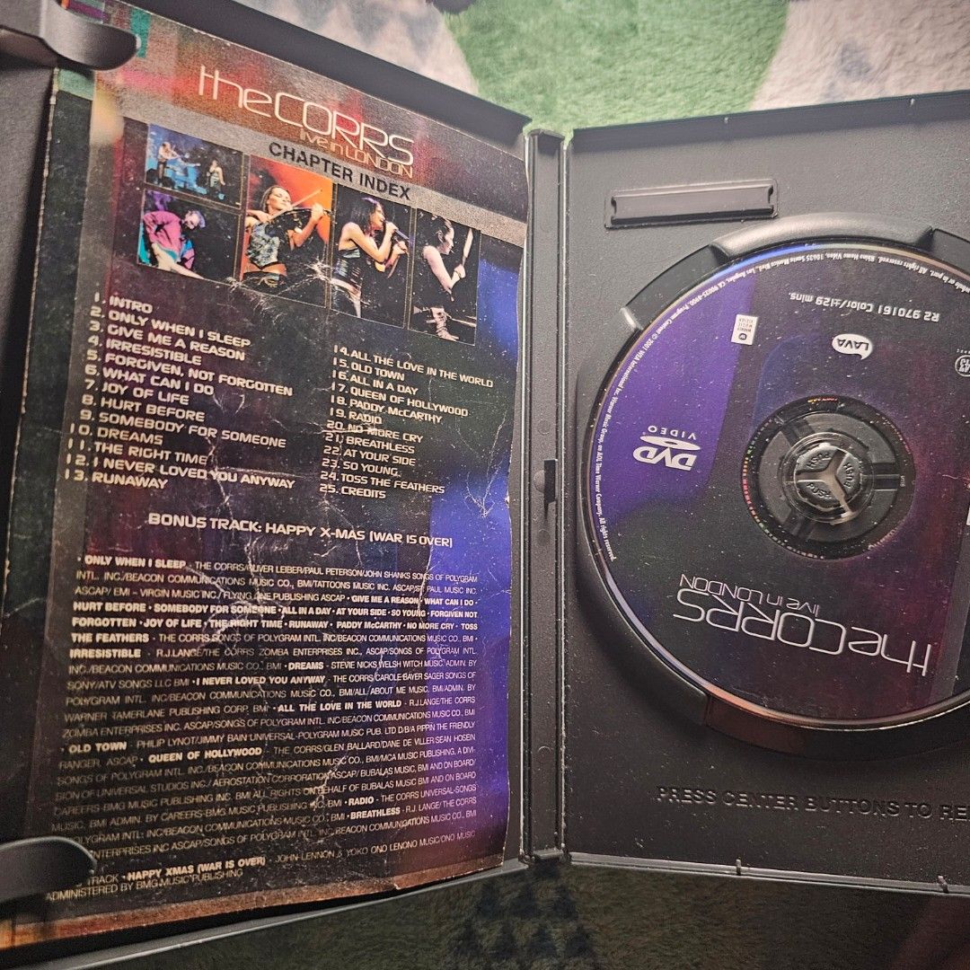 The Corrs Live in London DVD (Category: CDs & DVDs) located in Quezon City. Submitted by serefrenpaz (Listing ID 1412976230, Image 3). Description: DVD features The Corrs Live in London. It includes a concert performance and bonus features. The DVD case and disc are included. The back of the case lists the songs and special features. The disc is a DVD format..
