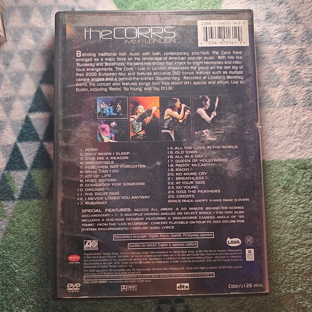 The Corrs Live in London DVD (Category: CDs & DVDs) located in Quezon City. Submitted by serefrenpaz (Listing ID 1412976230, Image 2). Description: DVD features The Corrs Live in London. It includes a concert performance and bonus features. The DVD case and disc are included. The back of the case lists the songs and special features. The disc is a DVD format..