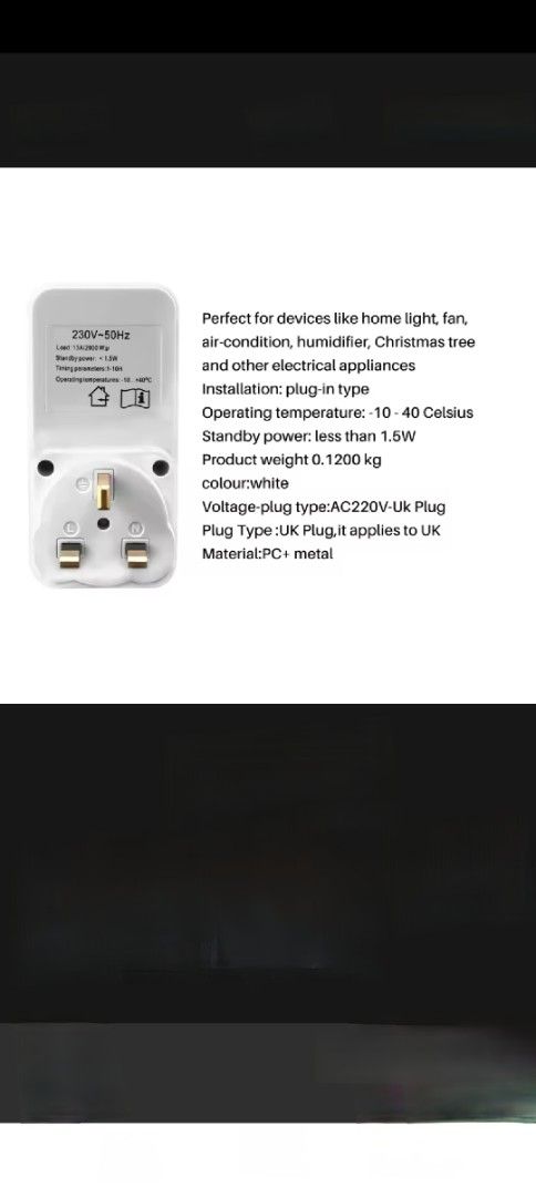 Timer 13 amp Socket - UK Plug (Category: Electrical, Adaptors & Sockets) located in Singapore. Submitted by oddhawk-1485 (Listing ID 1412979075, Image 3). Description: Timer 13 amp Socket is perfect for home appliances. It features a red button for timing and a switching push-button. It's safe, energy-saving, and offers regular power off and overcharge protection. Suitable for UK plugs. Operating temperature: 10-40 Celsius. self collection 1pc fo