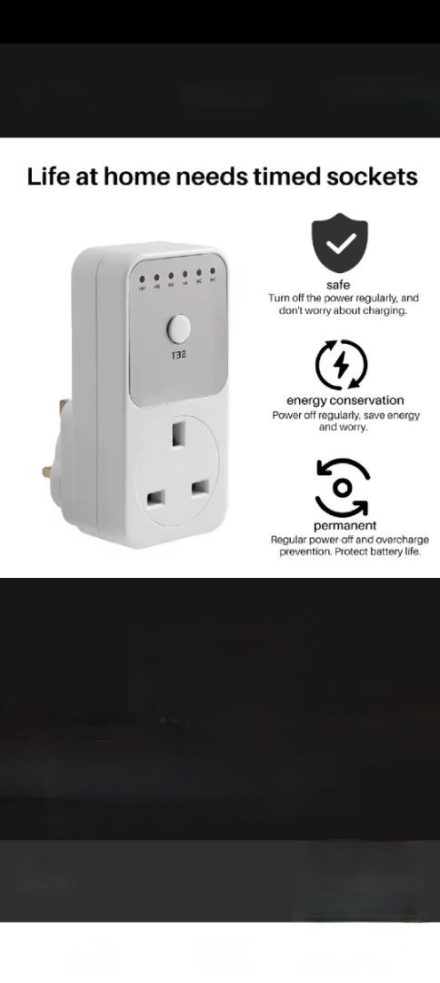 Timer 13 amp Socket - UK Plug (Category: Electrical, Adaptors & Sockets) located in Singapore. Submitted by oddhawk-1485 (Listing ID 1412979075, Image 2). Description: Timer 13 amp Socket is perfect for home appliances. It features a red button for timing and a switching push-button. It's safe, energy-saving, and offers regular power off and overcharge protection. Suitable for UK plugs. Operating temperature: 10-40 Celsius. self collection 1pc fo