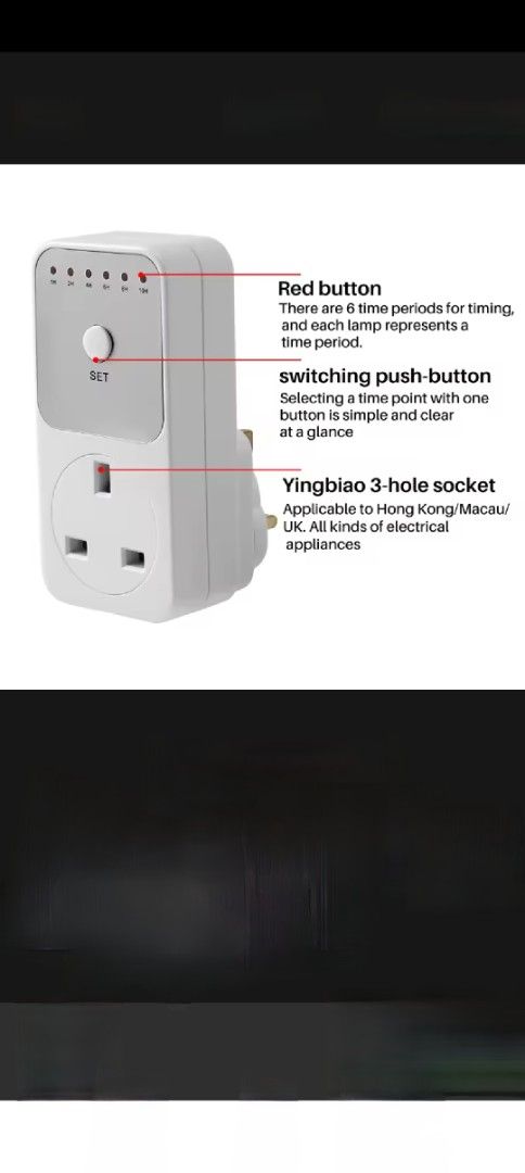 Timer 13 amp Socket - UK Plug (Category: Electrical, Adaptors & Sockets) located in Singapore. Submitted by oddhawk-1485 (Listing ID 1412979075, Image 1). Description: Timer 13 amp Socket is perfect for home appliances. It features a red button for timing and a switching push-button. It's safe, energy-saving, and offers regular power off and overcharge protection. Suitable for UK plugs. Operating temperature: 10-40 Celsius. self collection 1pc fo