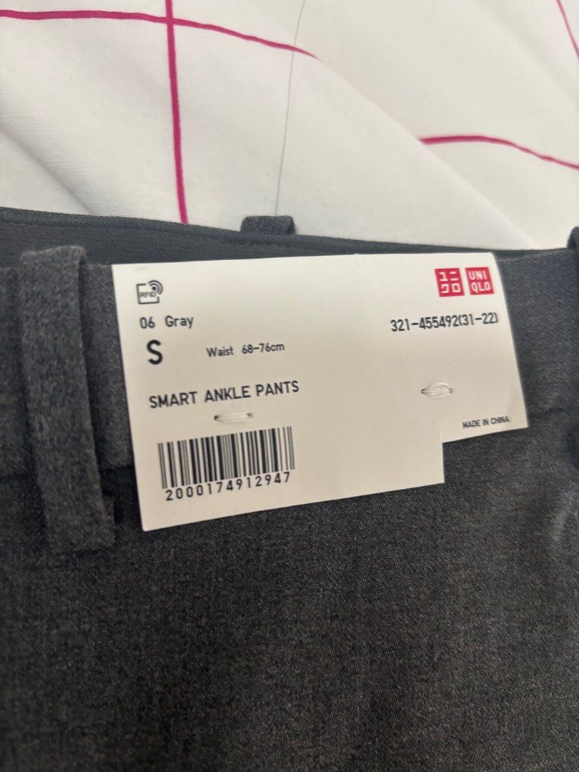 Uniqlo Smart Ankle Pants - Gray - Size S (Category: Trousers) located in Quezon City. Submitted by smgss (Listing ID 1412994524, Image 3). Description: - Uniqlo Smart Ankle Pants - Color: Gray - Size: S (Waist 68-76cm) - Straight leg cut - New with tags - Made in China.