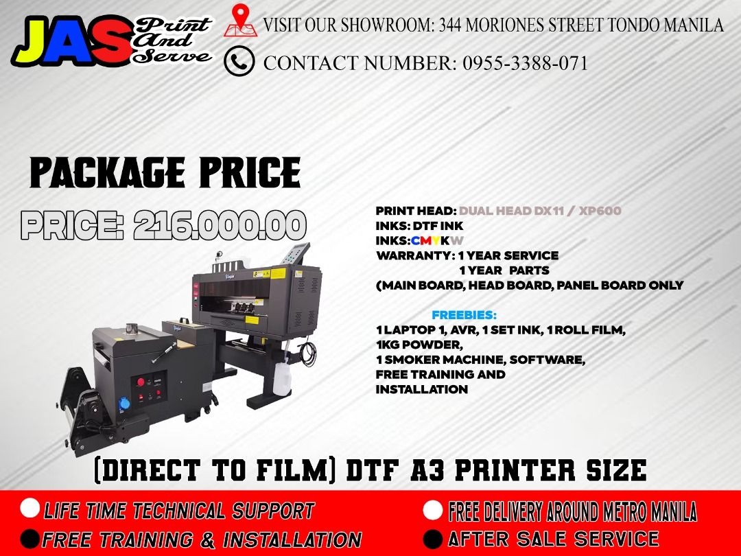 A3 SIZE DTF PRINTER MACHINE (Category: Printers, Scanners & Copiers) located in Manila. Submitted by melvinflor41363 (Listing ID 1414647220, Image 1). Description: SUPPLIER HERE! WE ARE LEGIT SUPPLIER OF LARGE FORMAT PRINTER MACHINE Price Starts @ Php159,000 We are legit supplier of Brand New DX11, Dual Head DX11 & i3200 Tarpaulin Sublimation Printer Machine 6ft and 10ft, Brand New Laser Cutter and Brand New Cutter Plotter, Brand New Heat Press a