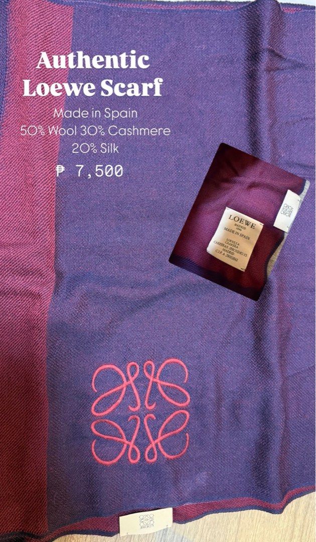 Authentic Loewe Scarf - Made in Spain (Category: Luxury Apparel) located in San Pablo. Submitted by with.jacque (Listing ID 1414823161, Image 1). Description: - Authentic Loewe scarf - Made in Spain - Stunning purple and burgundy color combination - Luxurious blend: 50% wool, 30% cashmere, 20% silk - Features the iconic Loewe logo - A stylish and luxurious accessory.