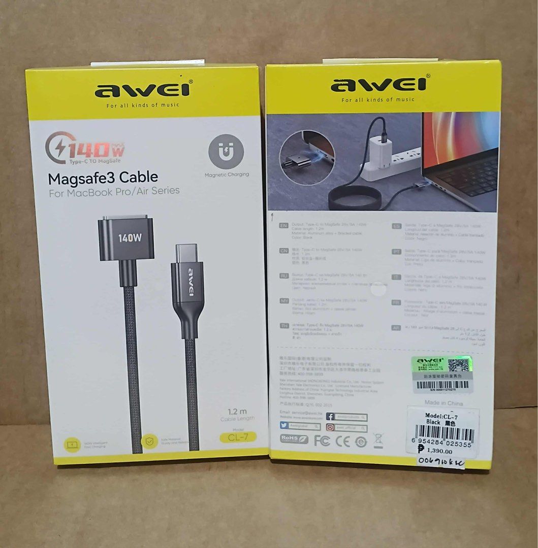 AWEI Magsafe 3 Cable for Macbook Pro/Air 140w max (Category: Cables & Adaptors) located in Manila. Submitted by mxrx_ (Listing ID 1414757994, Image 2). Description: .