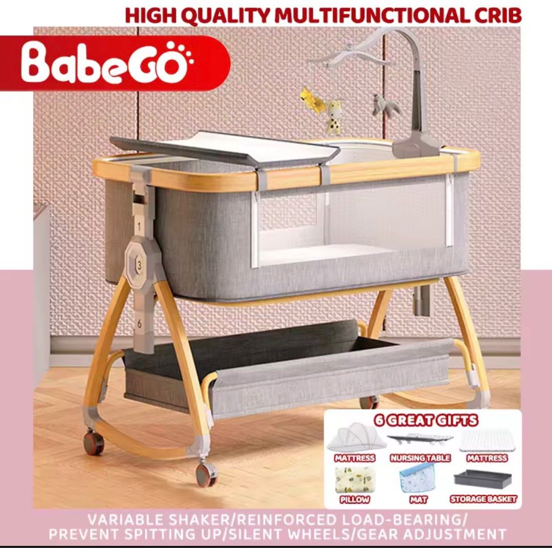 BabeGo Multifunctional Crib (Category: Cots & Cribs) located in Muntinlupa City. Submitted by declutter_with_me (Listing ID 1414645360, Image 1). Description: NO BOX , Assembled Please see actual photos. - High-quality BabeGo crib with mosquito net - Multifunctional design with variable shaker - Features silent wheels and reinforced load-bearing - Six levels of height adjustment - Converts into a shaker with a 5-15 degree rock angle - Includes ma
