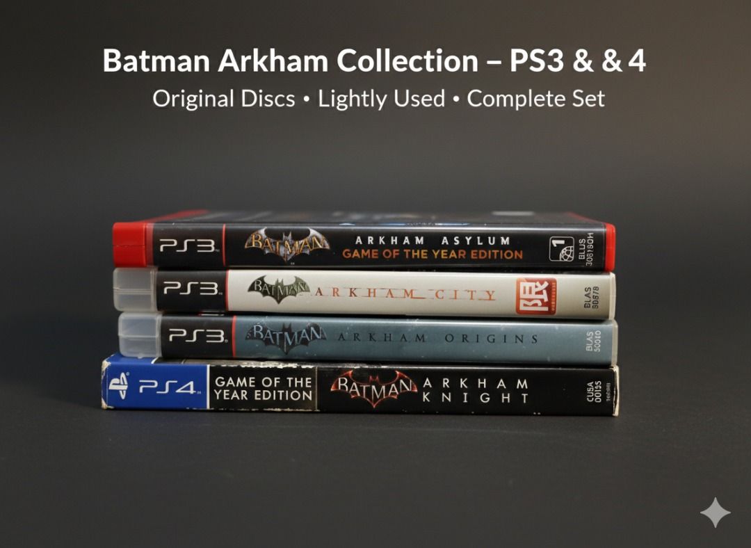 Batman Arkham Collection - PS3 & PS4 (Category: PlayStation) located in San Fernando. Submitted by oliver.intal (Listing ID 1414698597, Image 1). Description: - Complete Batman Arkham game collection for PS3 and PS4. - Includes: - "Batman: Arkham Asylum" (Game of the Year Edition) - "Batman: Arkham City" - "Batman: Arkham Origins" - "Batman: Arkham Knight" - All games are original discs. - Lightly used..