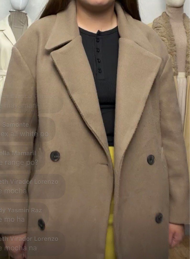 Beige Double-Breasted Coat (Category: Coats, Jackets and Outerwear) located in Caloocan City. Submitted by mayeth2813 (Listing ID 1414650219, Image 1). Description: - Beige double-breasted coat - Classic lapel collar - Soft, possibly wool-blend fabric - Long length (past knees) - Two front pockets - Quilted lining.