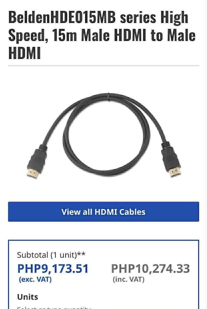 Belden HDE015MB 15m HDMI Cable (Category: Cables & Adaptors) located in Paranaque City. Submitted by microware.cs (Listing ID 1414651402, Image 3). Description: - Belden HDE015MB HDMI Cable - 15 meters long - Male-to-male connectors - Supports Ethernet - Brand new, still in original packaging - 30 pcs Available - Php 7,000.00 take all - For faster transaction msg 09754578604.