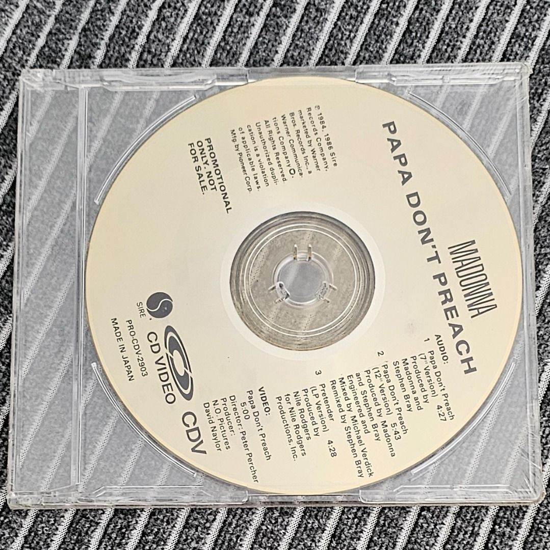 🌟🌟🇯🇵[CD Single Promo] Madonna – Papa Don't Preach (1998) (Category: CDs & DVDs) located in Singapore. Submitted by strangecell (Listing ID 1414776583, Image 1). Description: Many more Various Genres: https://www.carousell.sg/p/1253907759 Electronic Dance, EDM, DJ Mix: https://carousell.com/p/1035784902 Easy Listening, Funk Soul, Lounge, Jazz, New Age, Chill-out: https://carousell.com/p/1028943398 ************************************** Self-co