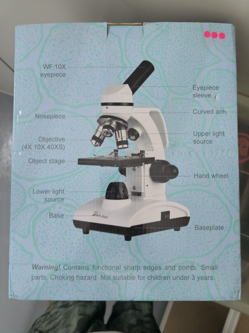 Educational Microscope (Category: Educational & Learning Toys) located in Singapore. Submitted by dino_76 (Listing ID 1414757519, Image 1). Description: - Brand new educational microscope - WF 10X eyepiece - Objectives: 4X, 10X, 40XS - Upper and lower light sources - Warning: Contains sharp edges - Not suitable for children under 3 years.