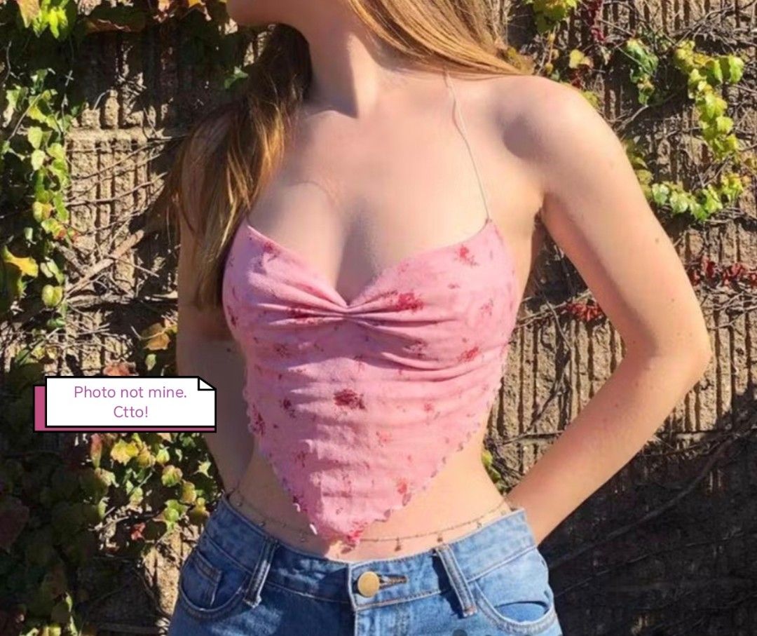 Floral Asymmetrical Hem Sheer Halter Cami Top (Category: Sleeveless) located in San Pedro. Submitted by bangs_oreo (Listing ID 1414700384, Image 1). Description: - Material: 95%Polyester, 5%spandex - Size: SMALL - Color: Pink - See-through - Never worn, 'di pinayagan ng nanay. 𑣲 Actual color may slightly vary due to lighting and screen settings. ☆ Please note: The price of this item is fixed and non-negotiable. Thank you for your understanding. 