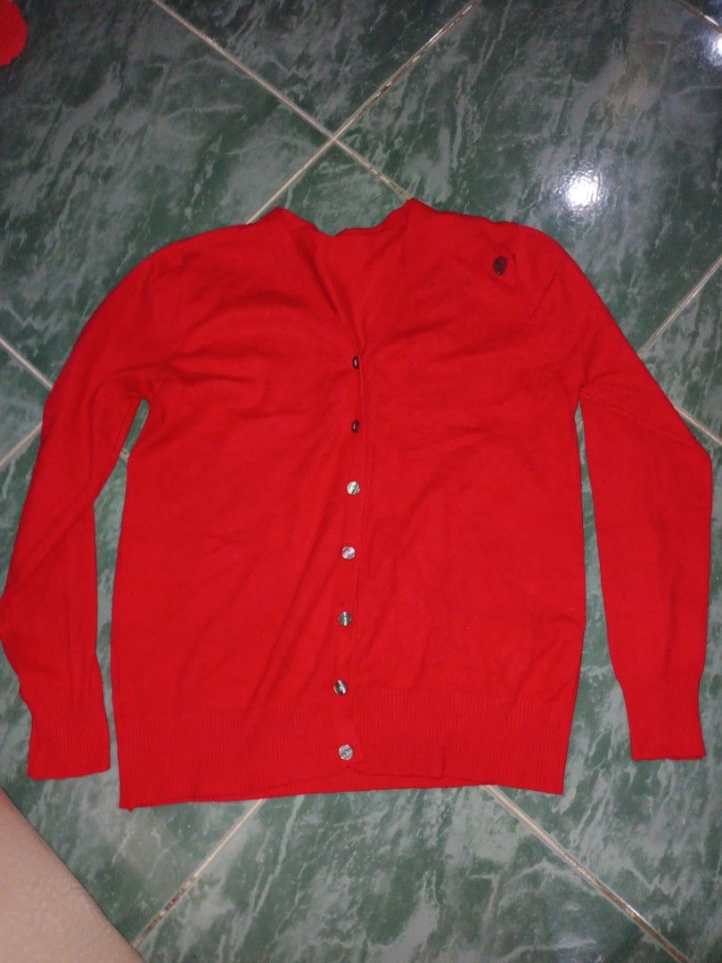 Free S-M Red Cardigan (Category: Coats, Jackets and Outerwear) located in Cebu City. Submitted by aky_deee (Listing ID 1414735080, Image 1). Description: 🌸If you buy any from my listing, I will include this as a freebie y'all 🌸FLAW: only the stain on the upper right corner, see the pic 🌸Will also include the violet XS shirt.