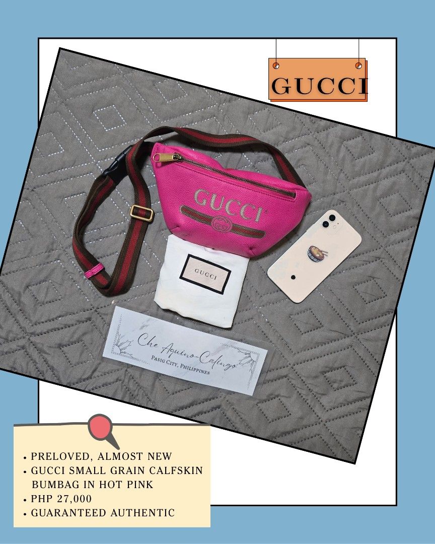 Gucci Hot Pink Belt Bag (Small) (Category: Luxury Bags & Wallets) located in Manila. Submitted by lylmaster (Listing ID 1414798728, Image 2). Description: - Authentic Gucci belt bag - Vibrant pink color - Iconic Gucci logo - Matching strap with green and red stripe - Includes dust bag - Stylish and practical accessory.