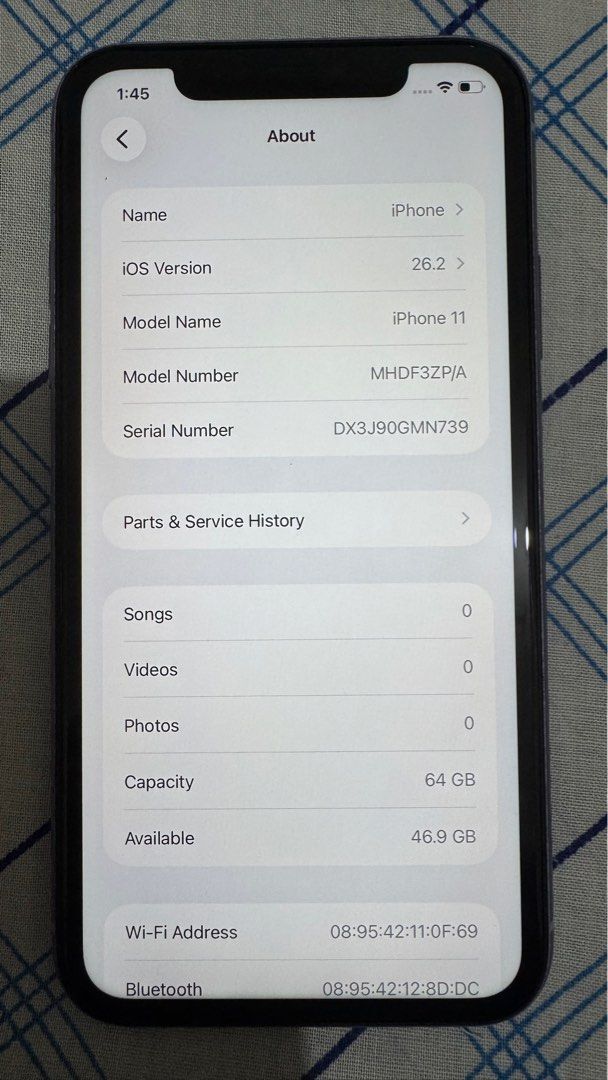 iPhone 11 64GB Purple (Category: iPhone 11 Series) located in Marikina City. Submitted by cosmicfox_6dec29 (Listing ID 1414729538, Image 3). Description: Can be swapped to switch OLED SHOOT YOUR OFFERS iPhone 11, 64GB storage. - Openline - Excellent condition, as shown in the photos. - Never opened or repaired - Battery Health: 75% - Bought Jan 18, 2023 - Includes box, receipt and case - NO charger or cable - iOS 26.2 - Meetup available at Mercur