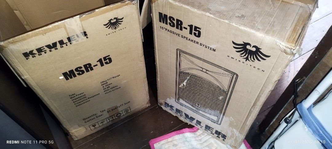 Kevler MSR-15 15" Passive Speaker System (Category: Soundbars, Speakers & Amplifiers) located in Manila. Submitted by daxtech17 (Listing ID 1414760115, Image 2). Description: - Pair of Kevler MSR-15 15" passive speakers - Input and output connections on each speaker - Max power: 800W - Impedance: 8 ohms - Frequency range: 40Hz-20KHz - Color: Black - Condition: Good.