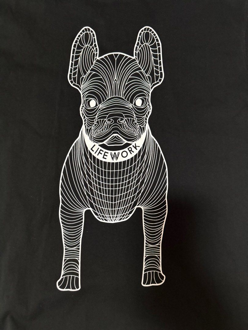 LIFE WORK graphic tee (Category: Tshirts & Polo Shirts) located in Singapore. Submitted by air_23clothing (Listing ID 1414800983, Image 2). Description: The t-shirt featured is a LifeWork graphic tee, specifically one that is often referred to as the “Hipdog” or “French Dog Pattern” shirt. LifeWork is a popular lifestyle brand from South Korea known for its casual apparel featuring playful dog graphics. Product Details Brand: LifeWork (from Korea