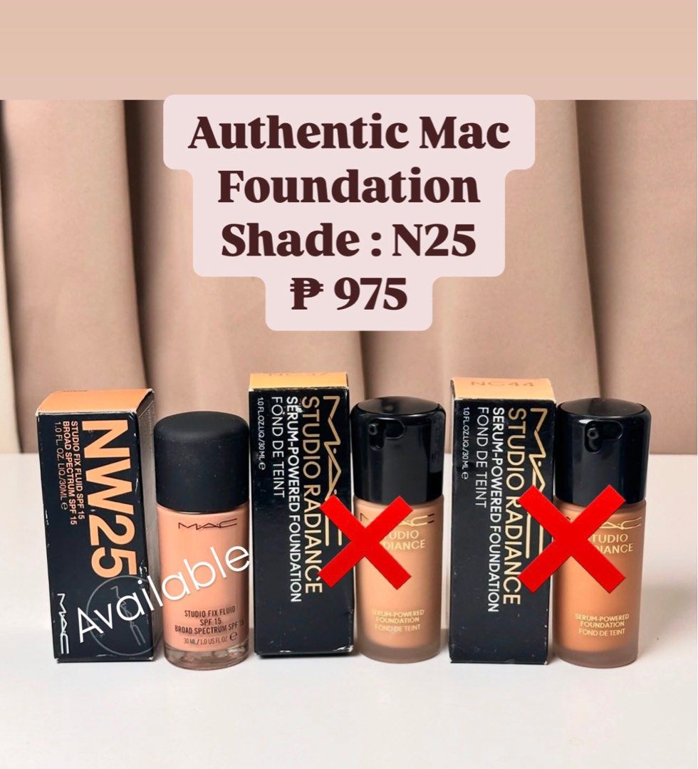 MAC Studio Fix Fluid Foundation N25 (Category: Makeup) located in San Pablo. Submitted by with.jacque (Listing ID 1414823256, Image 1). Description: - Authentic MAC Studio Fix Fluid Foundation - Shade: N25 - Price: ₱975 - Image shows NW25 (not available) - Other shades unavailable.