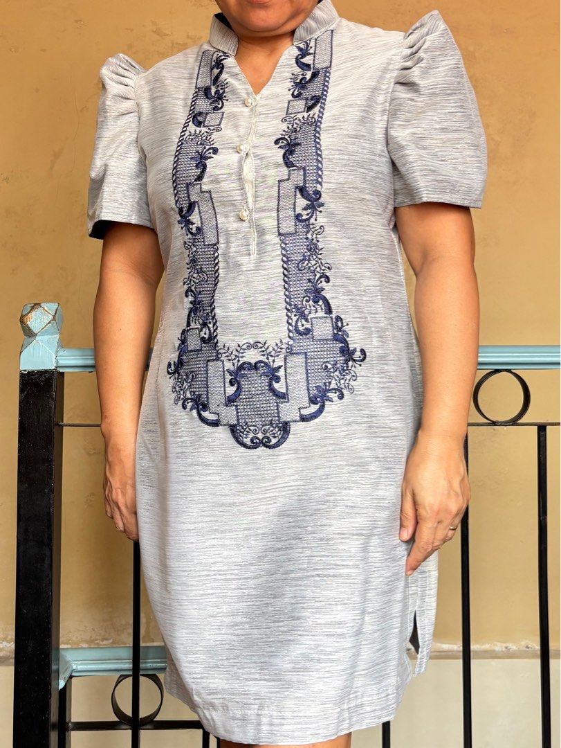 Modern Filipiniana (Gray) (Category: Dresses) located in Santa Rosa. Submitted by wthsofie (Listing ID 1414675299, Image 1). Description: Elegant gray dress with blue embroidery, mandarin collar, short sleeves, and button-down front. Worn once only. Good as new condition. MOP: GCash, MariBank, BDO MOD: J&T, Lalamove (c/o buyer) 📌 Santa Rosa City, Laguna.