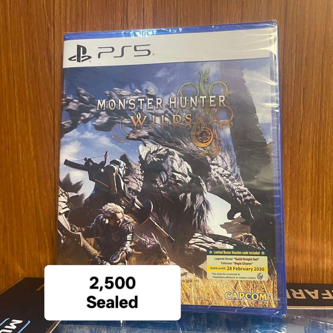 Monster Hunter Wilds - PS5 (Category: PlayStation) located in Santa Rosa. Submitted by fvcam (Listing ID 1414768502, Image 1). Description: - Sealed copy of Monster Hunter Wilds for PS5 - Includes bonus voucher code: - Layered Armor "Guild Knight Set" - Palico "Hope Charms" - Voucher valid until February 28, 2030 - Brand new and ready to play!.