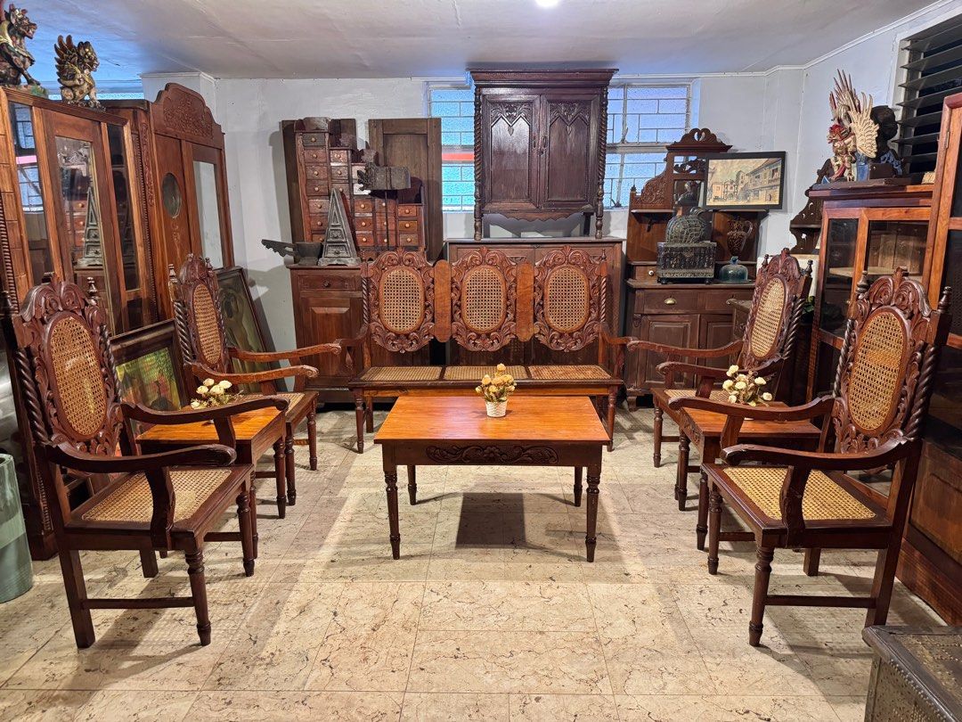 Narra Carlos Trece Sala Chair and Table Set (Category: Tables & Sets) located in Manila. Submitted by sinaunang_gamit (Listing ID 1414687248, Image 1). Description: Narra Carlos Trece Sala Chair and Table Set 4pcs 1 seater 1 pc 3 seater 1 pc center table with 1pc top 2pc side table all made of narra. no plywood ₱50k for the set.