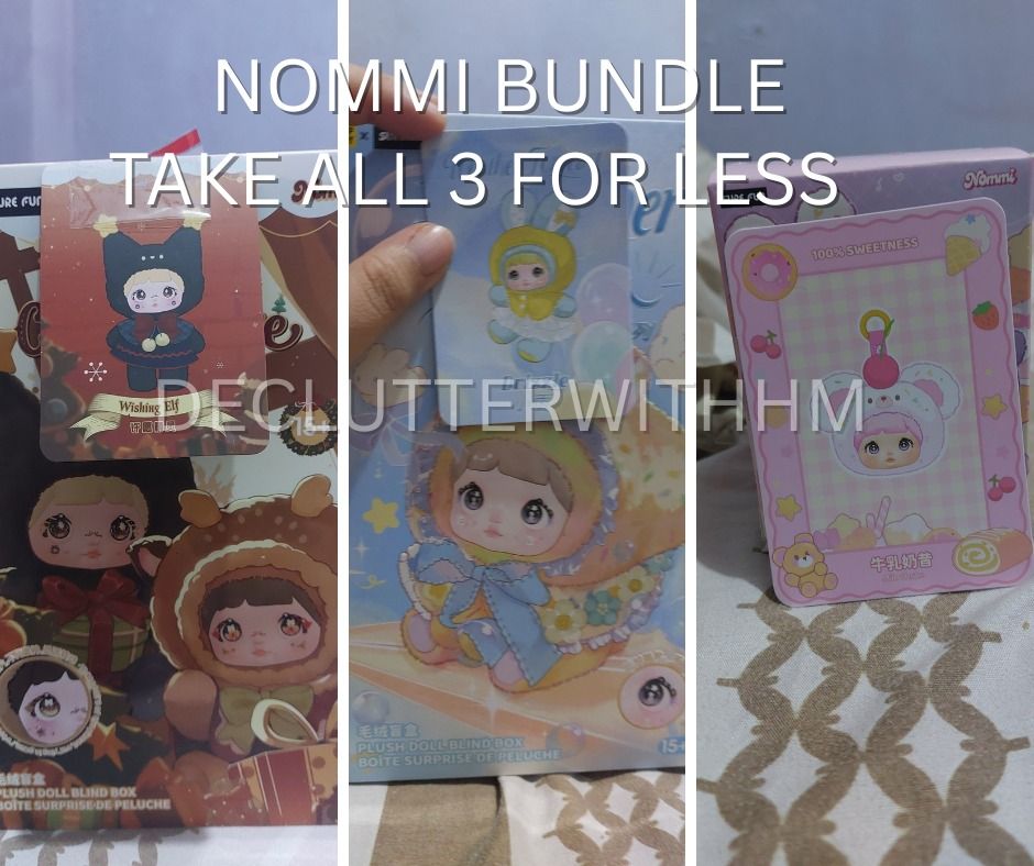 NOMMI BUNDLE FOR LESS (TAKE ALL) V13, V10, V9 (Category: Designer & Blind Box Toys) located in Manila. Submitted by declutterwithhm (Listing ID 1414704138, Image 1). Description: ❗TAKE ALL (4 NOMMI) 📌Plushies: -Nommi V13 Magical Christmas Eve - Wishing Elf -Nommi V11 Weather Forecast - Drizzle -Nommi V9 Sweetness 100% - Milk Shake 🍀Official from China 🍀Check Card. Opened bottom, All inclusions 🍀ALL Sealed foil 🍀SF not included 📎Loc: Batasan