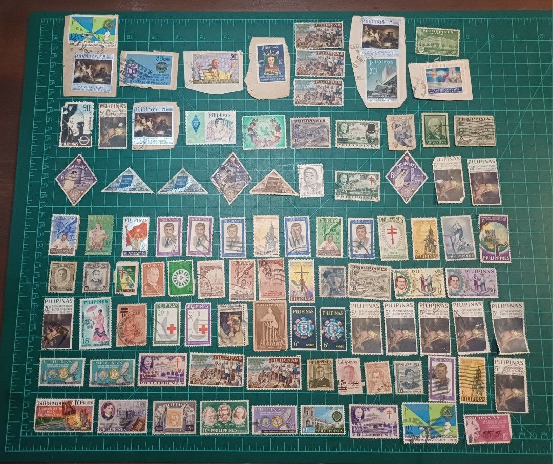 Philippine Stamps Collection (Category: Stamps & Prints) located in Bacoor. Submitted by styleph (Listing ID 1414767216, Image 1). Description: - Philippine stamp collection - Features various designs and historical figures - Stamps of different shapes and size s - Includes unique markings and colors - From different eras - Showcases historical and cultural themes - Great for stamp collectors -TAKE ALL !.
