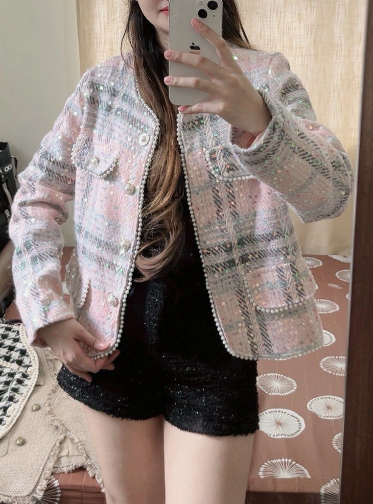 Pink Tweed Jacket with Pearl Details (Category: Coats, Jackets and Outerwear) located in Lipa City. Submitted by jona0713 (Listing ID 1414646778, Image 1). Description: - Pink tweed jacket - Classic design - Round neckline - Button closure - Decorative pockets - Pearl detailing - Adds a chic layer.