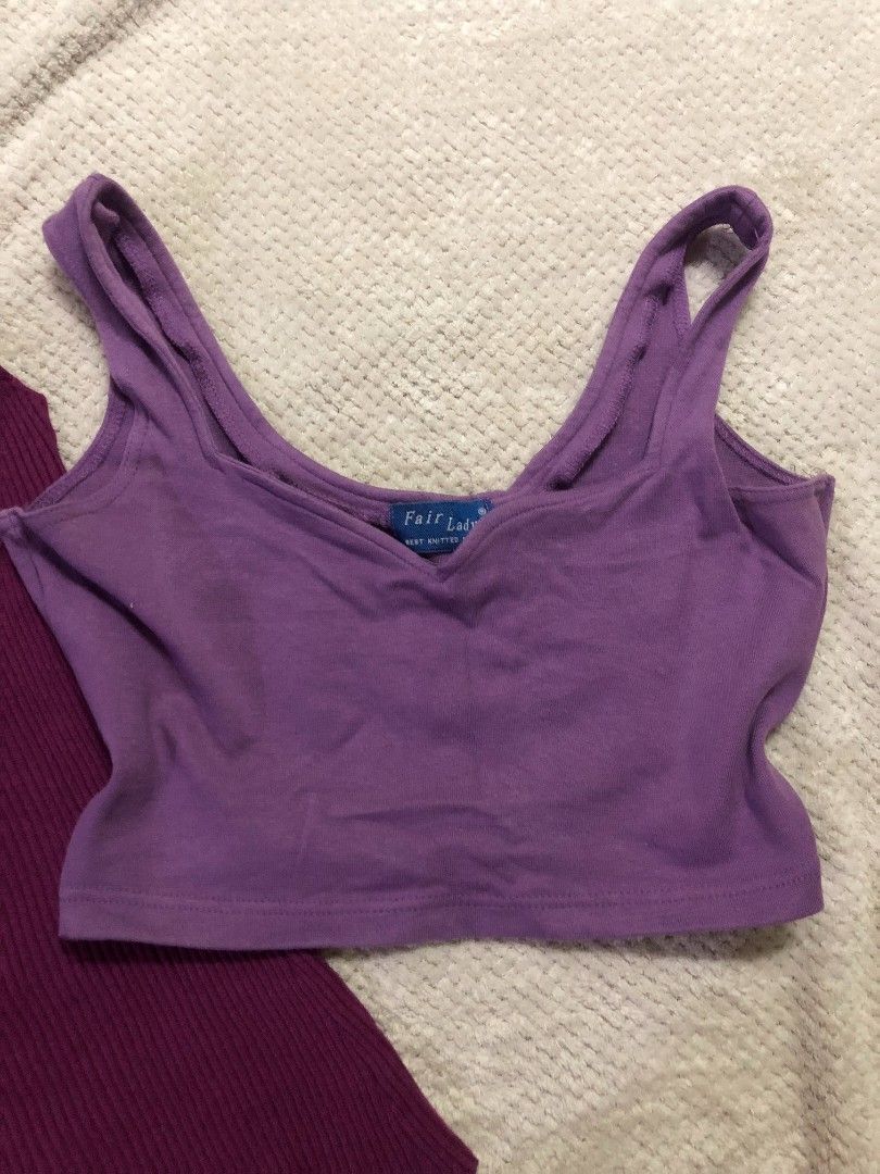 Purple Bundle : Purple Knitted and Croptop (Category: Sleeveless) located in Caloocan City. Submitted by yzaiii (Listing ID 1414743424, Image 2). Description: top 1: stretchable s-xl top 2: semi stretch till semi large Will send pics if you to see when worn MOP: Gcash/ Gtyme .