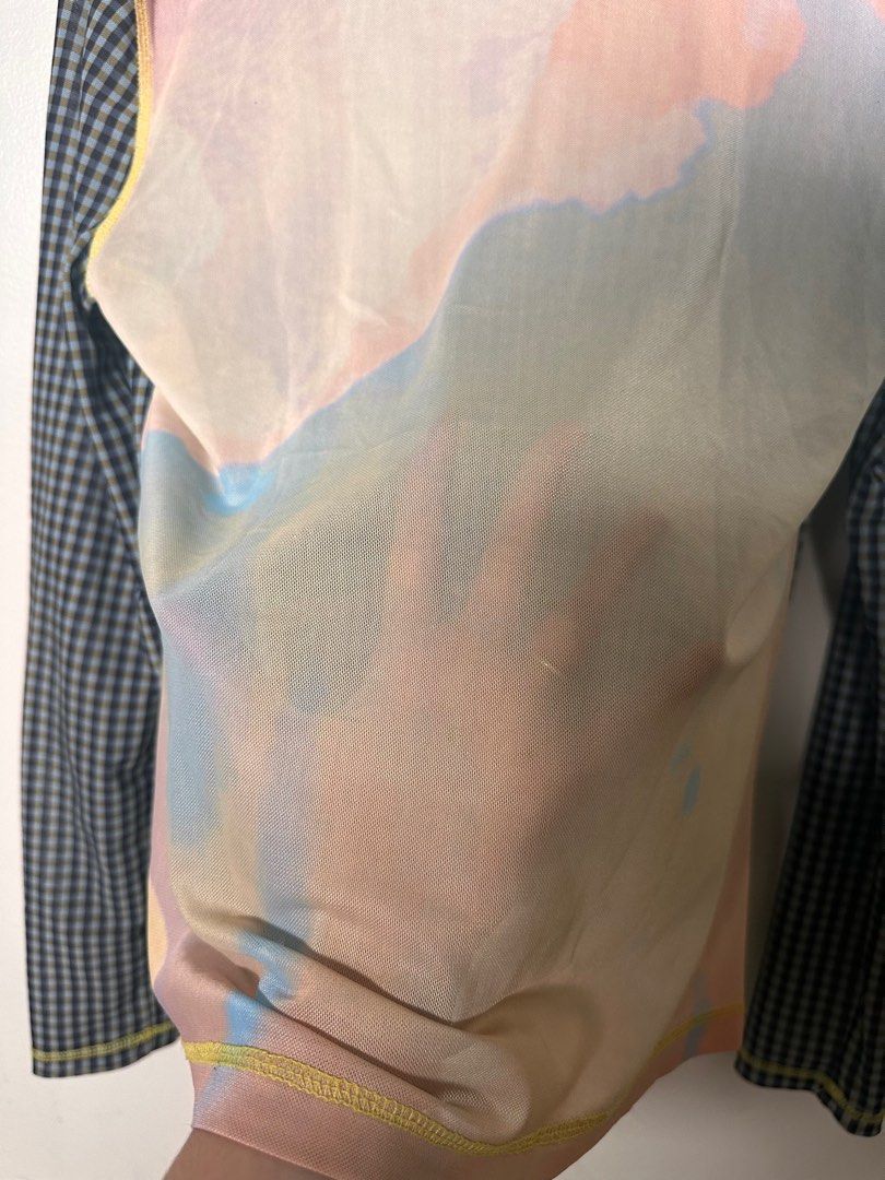 Sheer Checkered Long Sleeve Top (Category: Longsleeves) located in Makati City. Submitted by mint___condition (Listing ID 1414674654, Image 3). Description: - Long-sleeved top - Sheer and lightweight - Round neckline - Colorful, abstract back design.
