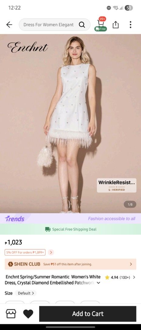 Shein White Dress (Category: Dresses) located in Manila. Submitted by vimcorpuz (Listing ID 1414660777, Image 1). Description: Shein White Dress - M on tag, swipe right to check its size guide - Used once for an event - Intricate rhinestones detail - Comfy to wear - Thick fabric - Bought for Php900 .
