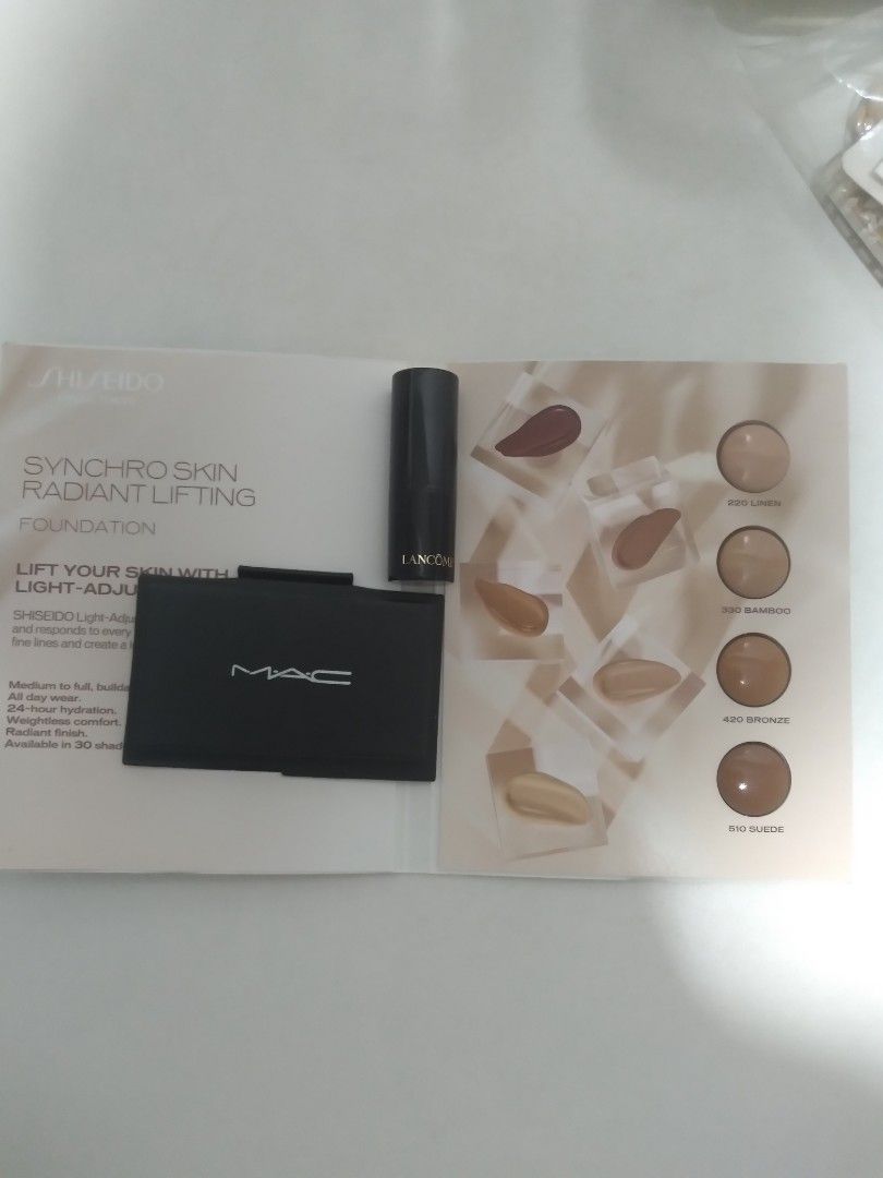 Shiseido, MAC, and Lancome Makeup Set (Category: Makeup) located in Manila. Submitted by djianne (Listing ID 1414736114, Image 1). Description: TAKE ALL! - Shiseido Synchro Skin Radiant Lifting Foundation sample (includes shade guide) - MAC Sample Foundation - Lancome Lipstick: Light pink shade, #202, code 62R205 - use once, swatched on skin. Expiration date not stated in the packagings..