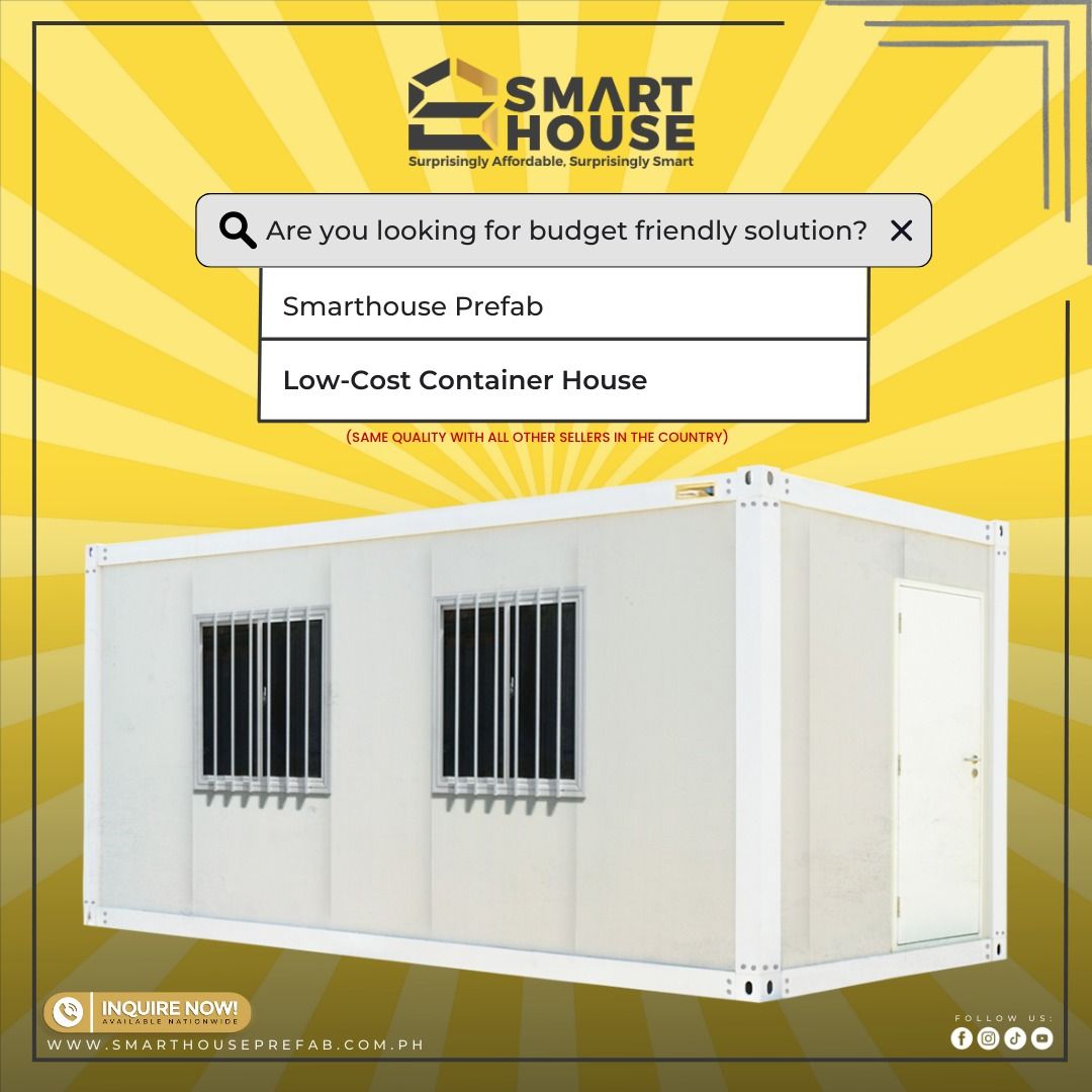 SMARTHOUSE PREFAB LOW-COST CONTAINER HOUSE (Category: Construction & Building Materials) located in Quezon City. Submitted by Smarthouseph (Listing ID 1414678582, Image 1). Description: Affordable na. Mabilis pa. Matibay pa. Ang pangarap mong space, hindi kailangang mahal. Smarthouse Prefab Low-Cost Container House — quality space made smart and budget-friendly. Kaya ano pang inaantay mo!? I-SMARTHOUSE MO NA ’YAN. 🏗🔥 📌 Branches: Manila, Cebu, 