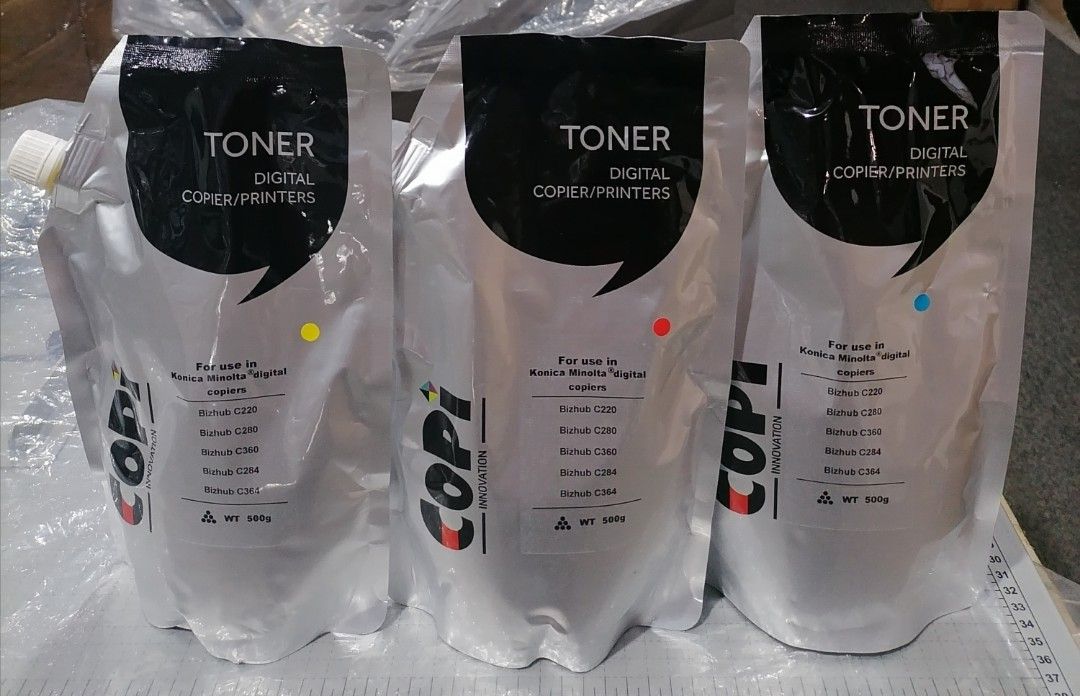 Toner for Digital Copier/Printers (Category: Printers, Scanners & Copiers) located in Quezon City. Submitted by copieronlineinc (Listing ID 1414628365, Image 1). Description: - Compatible with Konica Minolta digital copiers/printers - Models: C220, C280, C360, C454, C554 - Each bag contains 140g of toner - Available in multiple colors.