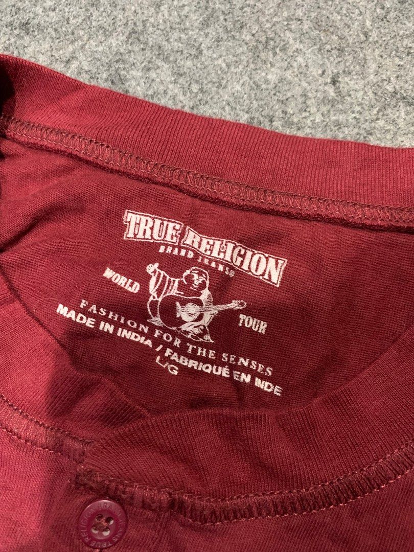 True Religion Long Sleeve Henley Shirt (Category: Tshirts & Polo Shirts ) located in Lapu Lapu. Submitted by fellasgallery11 (Listing ID 1414797166, Image 3). Description: - True Religion long sleeve henley shirt - 20 width - 28 length - Color: Maroon - Size: Large - Features: Small chest logo, button-up neckline - Material: 100% Cotton - Made in India.