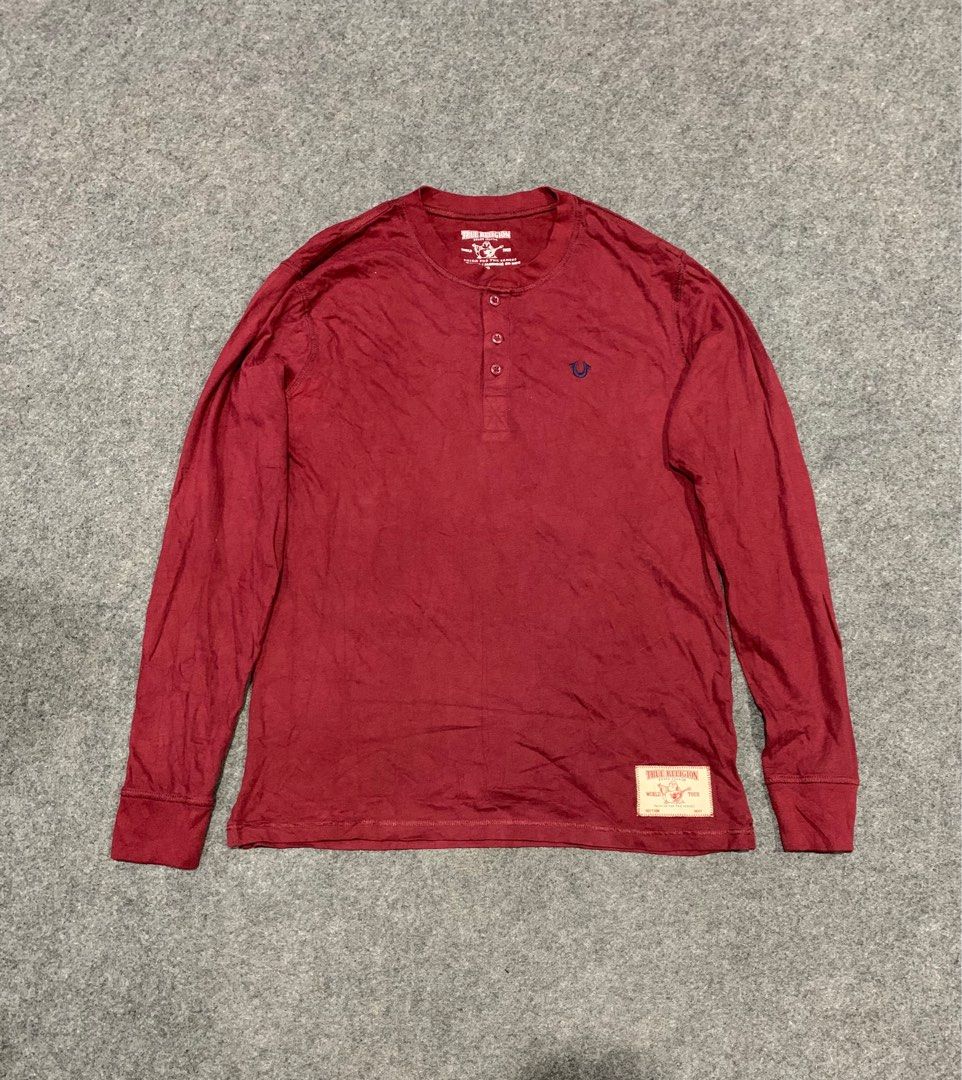 True Religion Long Sleeve Henley Shirt (Category: Tshirts & Polo Shirts ) located in Lapu Lapu. Submitted by fellasgallery11 (Listing ID 1414797166, Image 1). Description: - True Religion long sleeve henley shirt - 20 width - 28 length - Color: Maroon - Size: Large - Features: Small chest logo, button-up neckline - Material: 100% Cotton - Made in India.