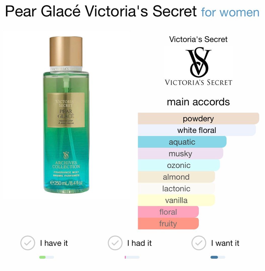 Victoria’s Secret Mist “Pear Glace” (Category: Fragrance & Deodorants) located in Manila. Submitted by _margarette (Listing ID 1414762049, Image 3). Description: • authetic •full + sprayed once or twice lang •check photos for scent notes!.