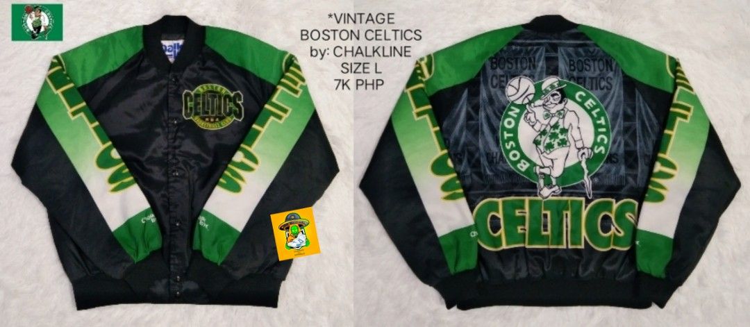 Vintage Boston Celtics Chalkline Jacket - Size L (Category: Coats, Jackets and Outerwear) located in Manila. Submitted by nxone (Listing ID 1414762367, Image 1). Description: Vintage Boston Celtics jacket by Chalkline. Features a black and green color scheme with the Celtics logo prominently displayed on the front and back. Size L. A classic piece for any basketball fan. Made by Chalkline..