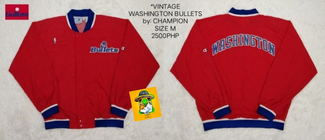 Vintage Champion Washington Bullets Jacket - Size M (Category: Coats, Jackets and Outerwear) located in Manila. Submitted by nxone (Listing ID 1414757816, Image 1). Description: Vintage Washington Bullets jacket by Champion. Features the Bullets logo on the front and "WASHINGTON" across the back. It has a red body with blue and white accents on the collar, cuffs, and hem. Size M. A classic piece for any basketball fan..